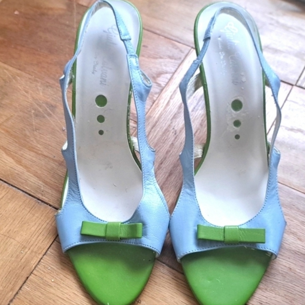 GIULIA CALVANI blue/green leather high heeled ankle strap peeptoe shoe S9.5